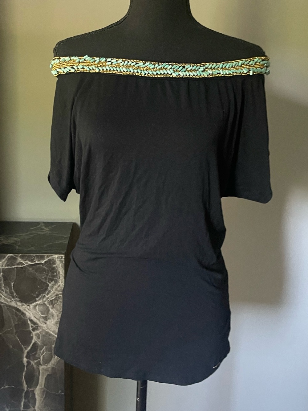 bebe Black Off-Shoulder Top with Turquoise Beaded Trim